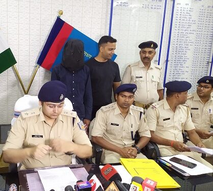 City SP Anshuman Kumar (left) addressing a press conference in Ranchi on Monday.