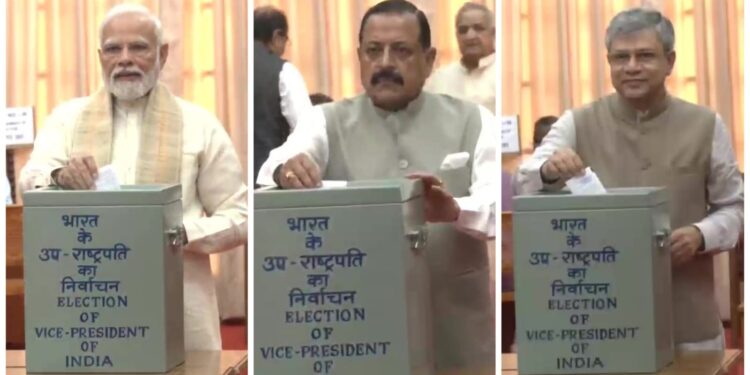PM Modi, Union Minister Jitendra Singh and Ashwini Vaishnaw cast votes for VP election at Parliament on Saturday
