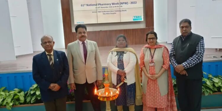 Jharkhand additional director (drugs) Sumant Kumar Tiwari (second from left) during the pharmacists felicitation function at Tata Main Hospital