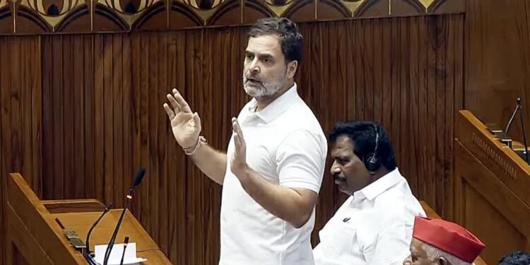 Leader of Opposition in the Lok Sabha Rahul Gandhi speaks in the House on Monday. (Sansad TV)