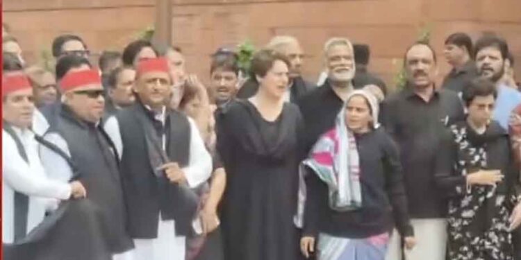 Rahul, Priyanka Gandhi Lead Opposition Protest in Black at Parliament, Demand Pradhan’s Resignation